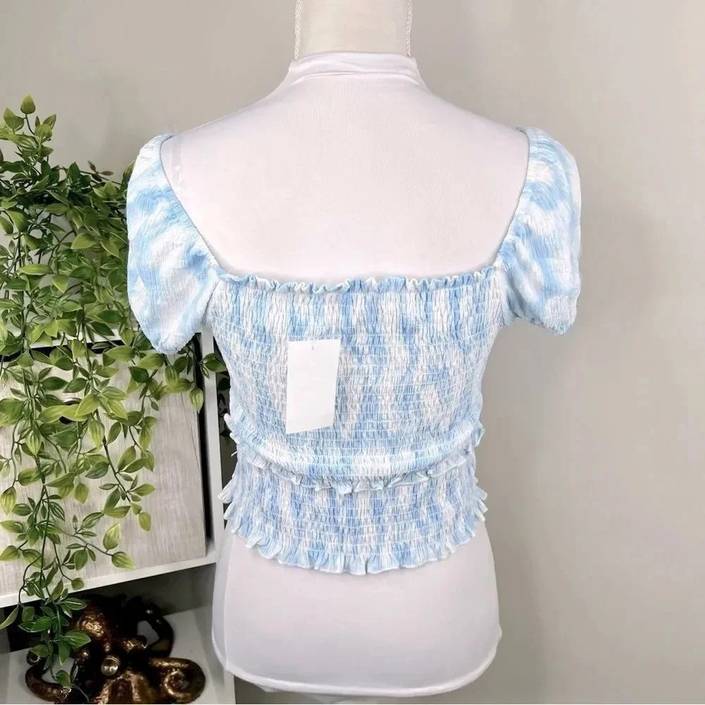 LUSH Blue and White Swirl Smocked Short Puff Sleeve Crop Top NEW Size M - Picture 6 of 12